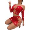 imageSweatyRocks Womens 2 Piece Mesh Lingerie Rhinestone Fishnet Crop Top and Skirt Set NightwearRed