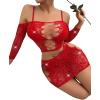 imageSweatyRocks Womens 2 Piece Mesh Lingerie Rhinestone Fishnet Crop Top and Skirt Set NightwearRed