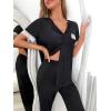 imageSweatyRocks Womens 2 Piece Pajama Set Colorblock Lace Trim Short Sleeve Button Down Shirt with Pants LoungewearBlack
