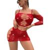 imageSweatyRocks Womens 2 Piece Mesh Lingerie Rhinestone Fishnet Crop Top and Skirt Set NightwearRed