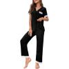 imageSweatyRocks Womens 2 Piece Pajama Set Colorblock Lace Trim Short Sleeve Button Down Shirt with Pants LoungewearBlack