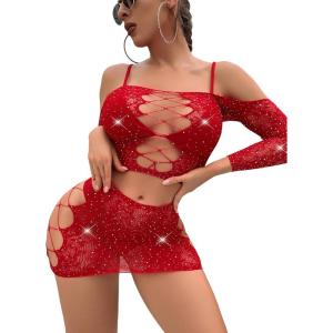 imageSweatyRocks Womens 2 Piece Mesh Lingerie Rhinestone Fishnet Crop Top and Skirt Set NightwearRed