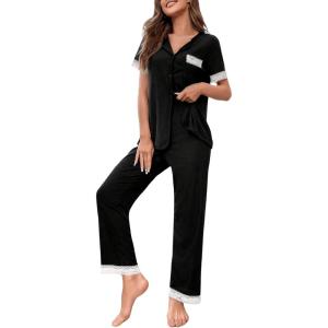 imageSweatyRocks Womens 2 Piece Pajama Set Colorblock Lace Trim Short Sleeve Button Down Shirt with Pants LoungewearBlack