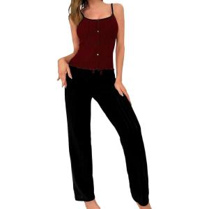 imageSweatyRocks Womens 2 Piece Pajama Set Lace Cami Top and Flare Pants PJ Set LoungewearBurgundy