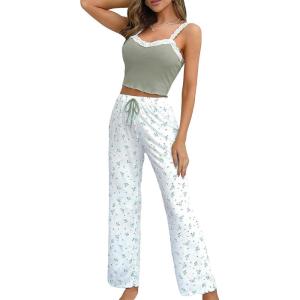 imageSweatyRocks Womens 2 Piece Pajama Set Lace Cami Top and Flare Pants PJ Set LoungewearGreen