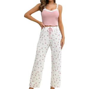 imageSweatyRocks Womens 2 Piece Pajama Set Lace Cami Top and Flare Pants PJ Set LoungewearPink