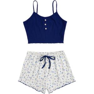 imageSweatyRocks Womens Half Button Floral Print Cami Top and Shorts Sleepwear Ribbed Pajamas SetBlue White