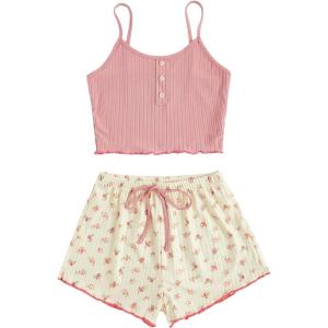 imageSweatyRocks Womens Half Button Floral Print Cami Top and Shorts Sleepwear Ribbed Pajamas SetMulticolor Print