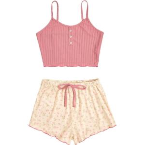imageSweatyRocks Womens Half Button Floral Print Cami Top and Shorts Sleepwear Ribbed Pajamas SetPink