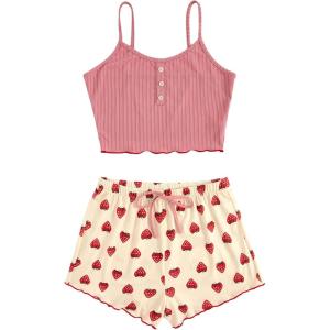 imageSweatyRocks Womens Half Button Floral Print Cami Top and Shorts Sleepwear Ribbed Pajamas SetPink and Red