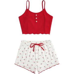 imageSweatyRocks Womens Half Button Floral Print Cami Top and Shorts Sleepwear Ribbed Pajamas SetRed White