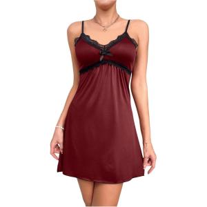 imageSweatyRocks Womens Lace Cami Nightgowns V Neck Sleeveless Babydoll Lounge DressBurgundy