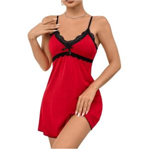 imageSweatyRocks Womens Lace Cami Nightgowns V Neck Sleeveless Babydoll Lounge DressRed