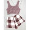 imageSweatyRocks Womens Fuzzy Pajamas Set Crop Tank Top With Shorts LoungewearDusty Pink Plaid