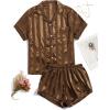 imageSweatyRocks Womens Short Sleeve Sleepwear Button Down Satin 2 Piece Pajama SetCoffee Brown Stripe