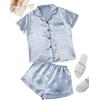 imageSweatyRocks Womens Short Sleeve Sleepwear Button Down Satin 2 Piece Pajama SetSky Blue