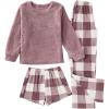 imageSweatyRocks Womens 3 Piece Fleece Pajama Set Plaid Long Sleeve Tops and Shorts Pants SleepwearDusty Pink