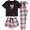 imageSweatyRocks Womens 3 Piece Pajama Sets Cute Graphic Tee Tops and Shorts Pants Lounge SetPink and Black