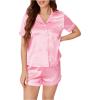 imageSweatyRocks Womens Short Sleeve Sleepwear Button Down Satin 2 Piece Pajama SetWhite Stripe and Pink