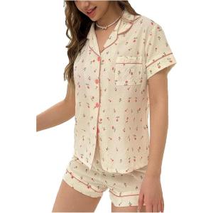 imageSweatyRocks Pajamas for Women Set Shorts Floral Print Button Down Pajamas SetsBeige