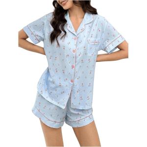 imageSweatyRocks Pajamas for Women Set Shorts Floral Print Button Down Pajamas SetsBlue