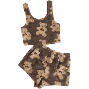 imageSweatyRocks Womens 2 Piece Pajama Set Fuzzy Cute Graphic Tank Tops and Shorts LoungewearMocha Brown