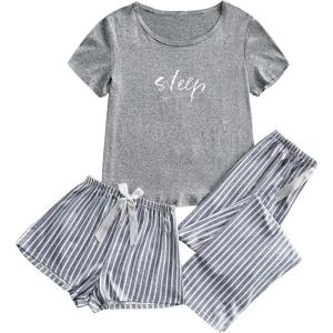 imageSweatyRocks Womens 3 Piece Pajama Sets Cute Graphic Tee Tops and Shorts Pants Lounge SetGrey and White