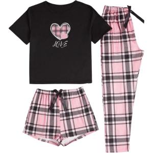 imageSweatyRocks Womens 3 Piece Pajama Sets Cute Graphic Tee Tops and Shorts Pants Lounge SetPink and Black
