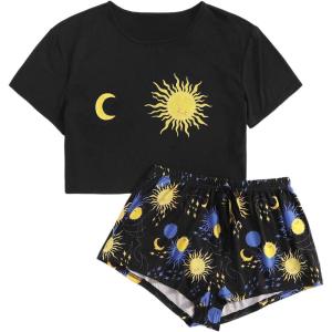 imageSweatyRocks Womens Cute Graphic Print Short Sleeve Crop Top With Shorts Pajama SetBlack