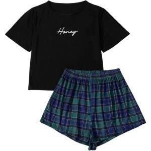 imageSweatyRocks Womens Cute Graphic Print Short Sleeve Crop Top With Shorts Pajama SetBlack Blue Green