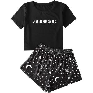imageSweatyRocks Womens Cute Graphic Print Short Sleeve Crop Top With Shorts Pajama SetGalaxy Black