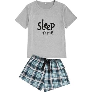 imageSweatyRocks Womens Cute Graphic Print Short Sleeve Crop Top With Shorts Pajama SetGrey and Black