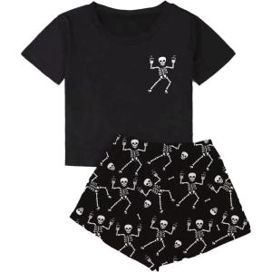 imageSweatyRocks Womens Cute Graphic Print Short Sleeve Crop Top With Shorts Pajama SetSkull Black