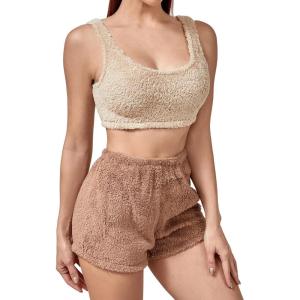 imageSweatyRocks Womens Fuzzy Pajamas Set Crop Tank Top With Shorts LoungewearBeige Pink