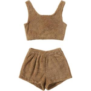 imageSweatyRocks Womens Fuzzy Pajamas Set Crop Tank Top With Shorts LoungewearCamel