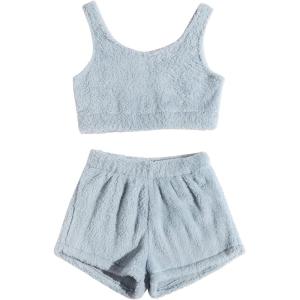 imageSweatyRocks Womens Fuzzy Pajamas Set Crop Tank Top With Shorts LoungewearDusty Blue