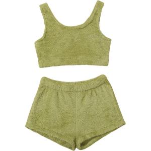 imageSweatyRocks Womens Fuzzy Pajamas Set Crop Tank Top With Shorts LoungewearGrass Green