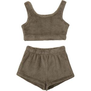 imageSweatyRocks Womens Fuzzy Pajamas Set Crop Tank Top With Shorts LoungewearKhaki Grey