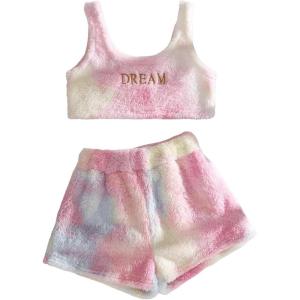 imageSweatyRocks Womens Fuzzy Pajamas Set Crop Tank Top With Shorts LoungewearPink Tie Dye