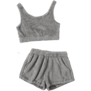 imageSweatyRocks Womens Fuzzy Pajamas Set Crop Tank Top With Shorts LoungewearPlain Grey