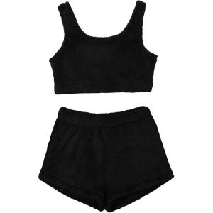 imageSweatyRocks Womens Fuzzy Pajamas Set Crop Tank Top With Shorts LoungewearPure Black