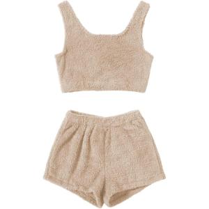 imageSweatyRocks Womens Fuzzy Pajamas Set Crop Tank Top With Shorts LoungewearSolid Apricot