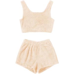 imageSweatyRocks Womens Fuzzy Pajamas Set Crop Tank Top With Shorts LoungewearSolid Beige