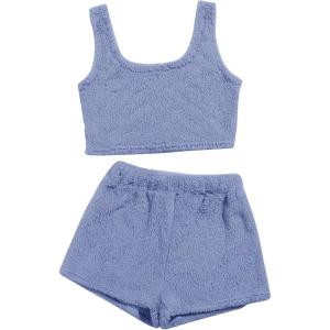 imageSweatyRocks Womens Fuzzy Pajamas Set Crop Tank Top With Shorts LoungewearSolid Blue