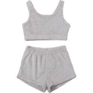 imageSweatyRocks Womens Fuzzy Pajamas Set Crop Tank Top With Shorts LoungewearSolid Light Grey