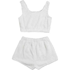 imageSweatyRocks Womens Fuzzy Pajamas Set Crop Tank Top With Shorts LoungewearWhite