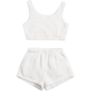imageSweatyRocks Womens Fuzzy Pajamas Set Crop Tank Top With Shorts LoungewearWhite With Pocket