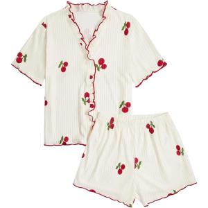 imageSweatyRocks Womens Matching Pjs 2 Piece Cute Printed Short Sleeve Button Front Top with Shorts Pajama SetApricot