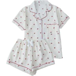 imageSweatyRocks Womens Matching Pjs 2 Piece Cute Printed Short Sleeve Button Front Top with Shorts Pajama SetApricot Cherry
