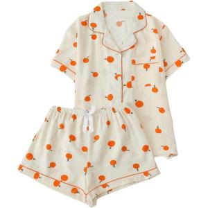 imageSweatyRocks Womens Matching Pjs 2 Piece Cute Printed Short Sleeve Button Front Top with Shorts Pajama SetApricot Fruits